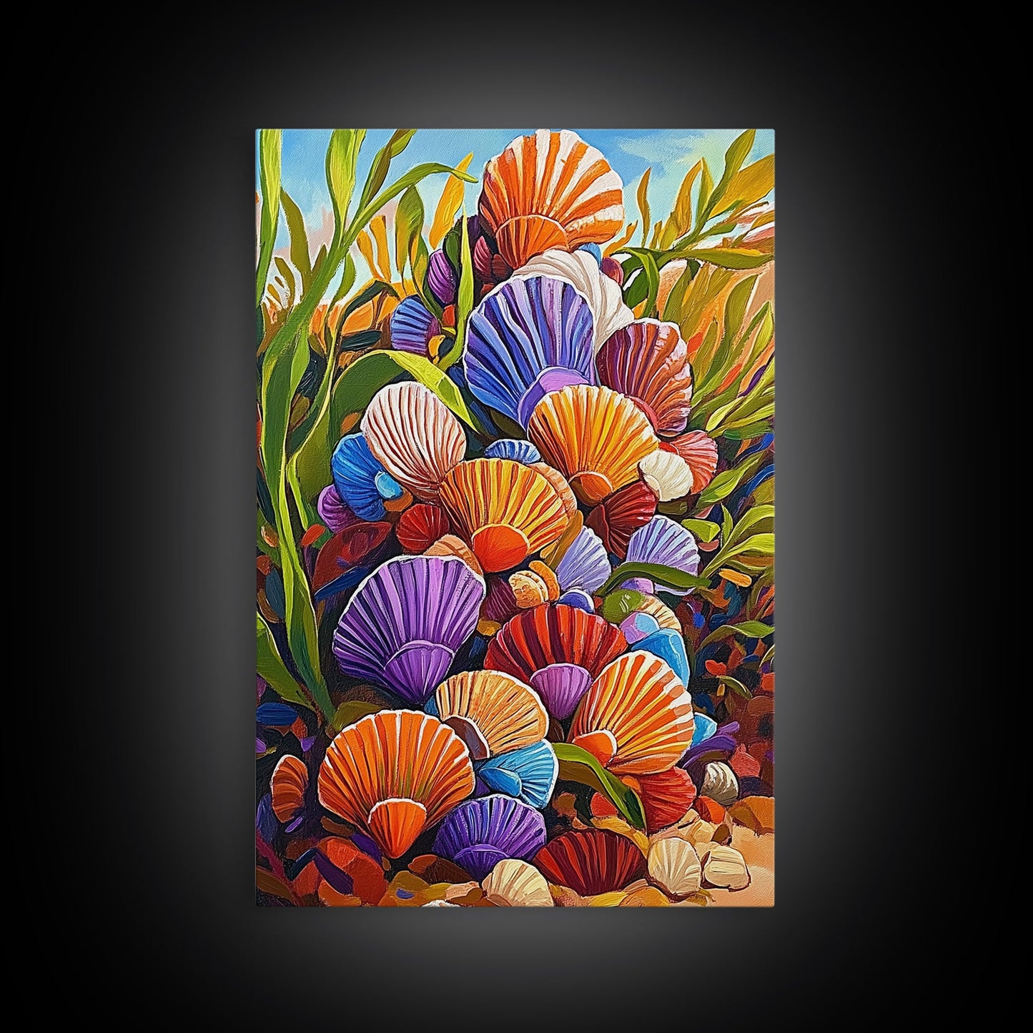 Rainbow Seashells, Coastal Treasures, Ocean Shell Art, Beach Decor, Framed Canvas Print, Bathroom Wall Art, Nautical Boho Art