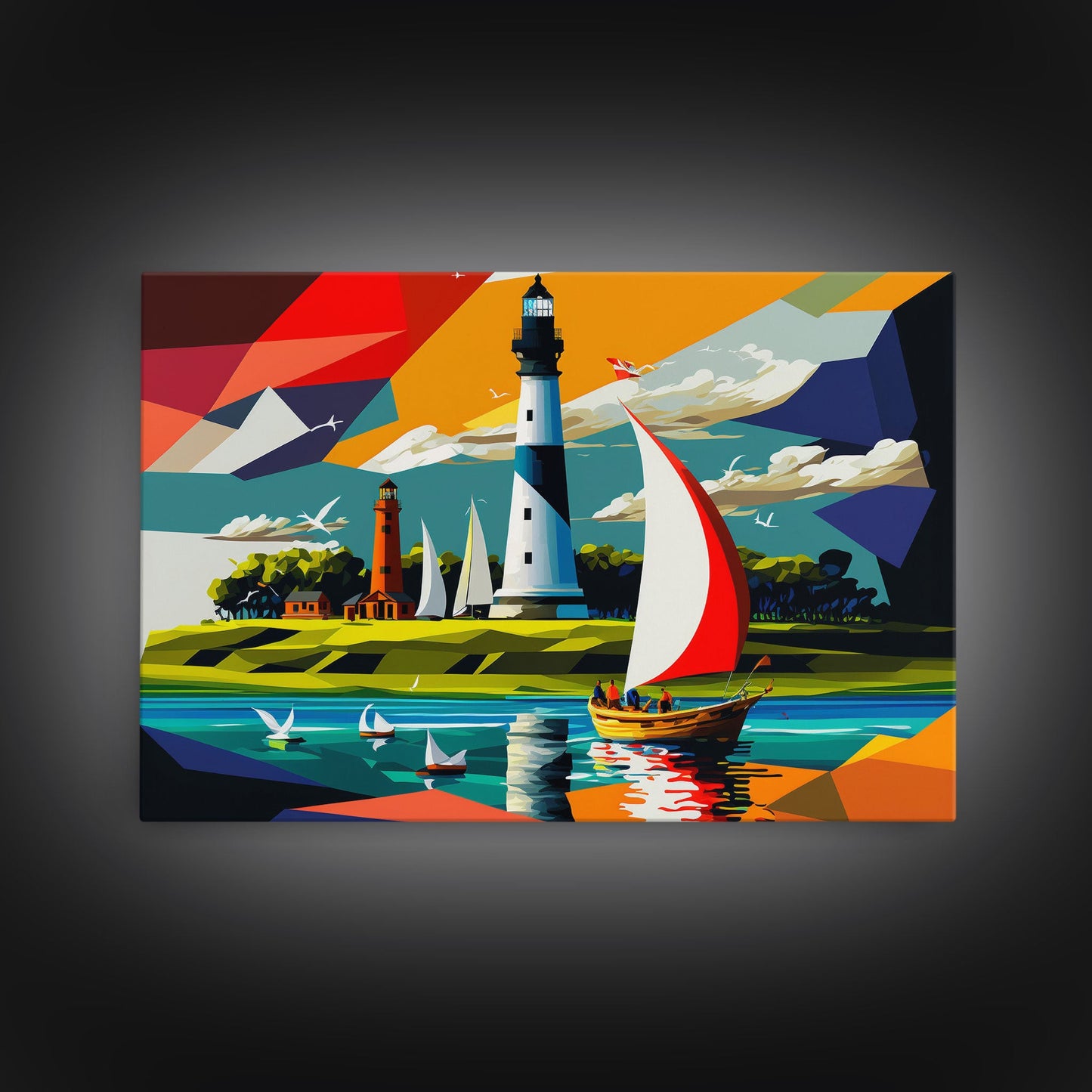 Sailboat and Lighthouse | Pop Art Style Painting Print | Framed Canvas Print | Colorful  Minimalist Art | Nautical Art