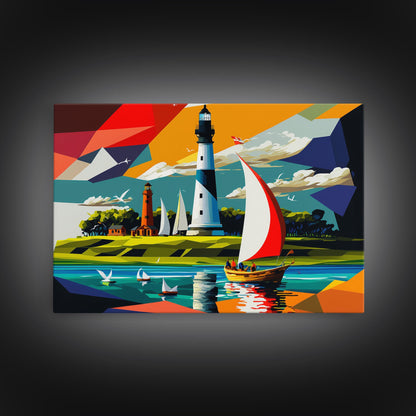 Sailboat and Lighthouse | Pop Art Style Painting Print | Framed Canvas Print | Colorful  Minimalist Art | Nautical Art