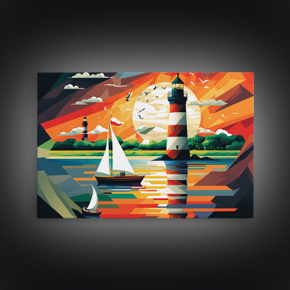 Sailboat and Lighthouse | WPAP Art Style Painting Print | Framed Canvas Print | Colorful Minimalist Art | Nautical Art | Pop Art