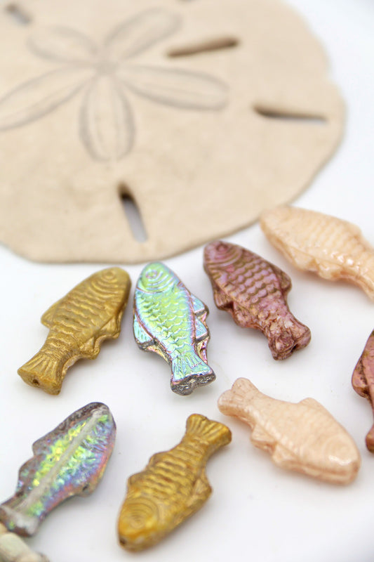 Big Fish Beads, Pressed Czech Glass, 24x11mm, 4 Sardine Girl Summer Beads