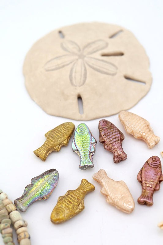 Big Fish Beads, Pressed Czech Glass, 24x11mm, 4 Sardine Girl Summer Beads