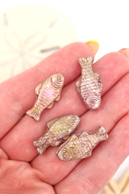 Big Fish Beads, Pressed Czech Glass, 24x11mm, 4 Sardine Girl Summer Beads