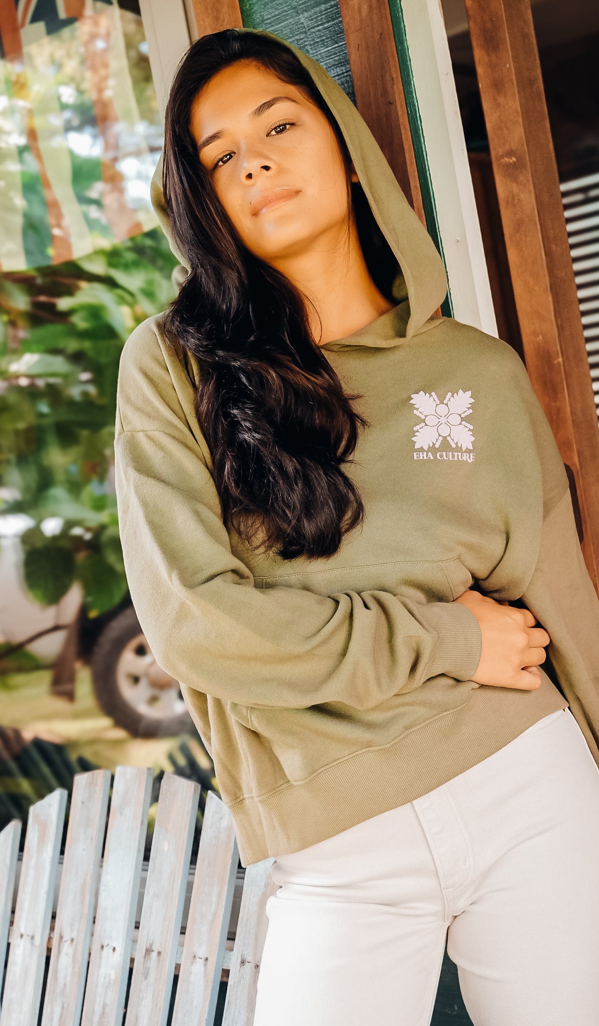 EHA French Terry Hoodie in Light Olive with Pink Upcountry Print