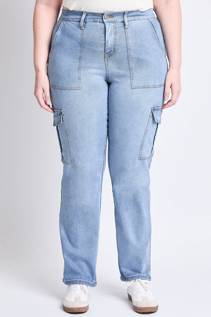 Women's Plus High Rise Elastic Waist Cargo Straight Leg Jeans
