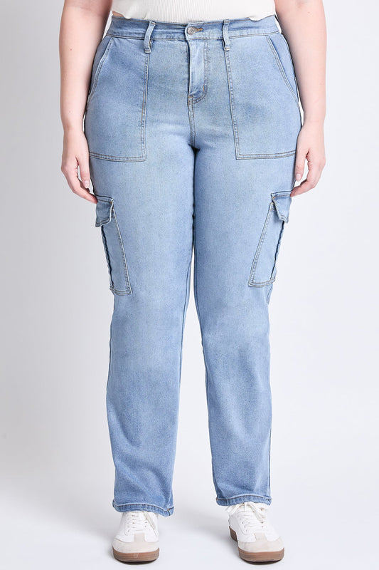 Women's Plus High Rise Elastic Waist Cargo Straight Leg Jeans