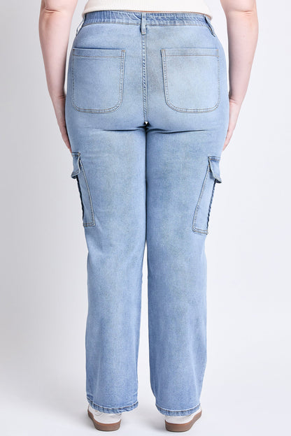 Women's Plus High Rise Elastic Waist Cargo Straight Leg Jeans