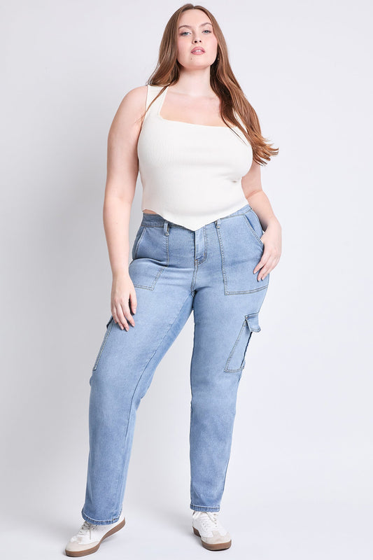 Women's Plus High Rise Elastic Waist Cargo Straight Leg Jeans