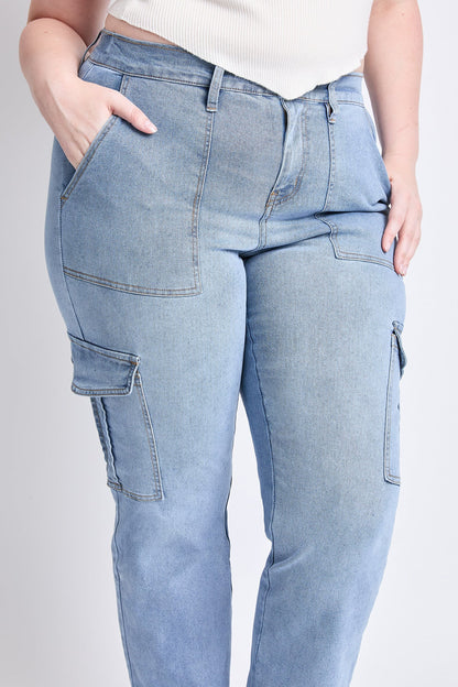 Women's Plus High Rise Elastic Waist Cargo Straight Leg Jeans