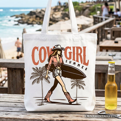 Cowgirl Summer Surf Tote Bag, Retro Western Beach Gift Shopper for Free-Spirited Women