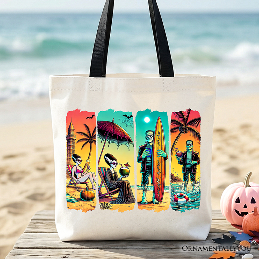 Frankenstein's Beach Vacation Tote Bag, Retro Neon Surf Style Gift Shopper for Horror Fans with Summer Vibes