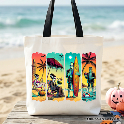 Frankenstein's Beach Vacation Tote Bag, Retro Neon Surf Style Gift Shopper for Horror Fans with Summer Vibes