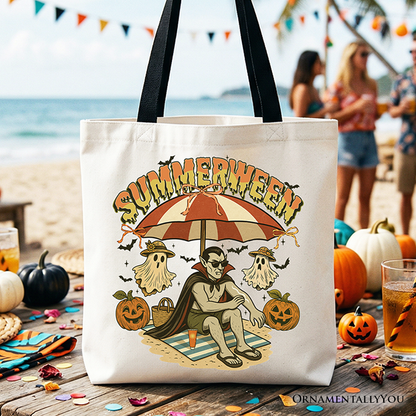 Summerween Vampire Dracula Tote Bag, Retro Halloween Beach Gift Shopper for Horror Spooky Summer Season