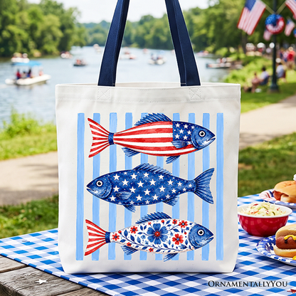Patriotic Fish Striped Tote Bag, 4th of July Beach Gift Shopper