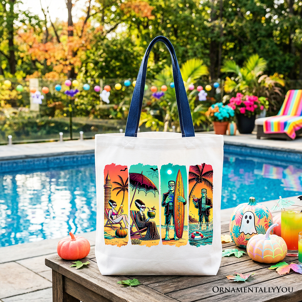 Frankenstein's Beach Vacation Tote Bag, Retro Neon Surf Style Gift Shopper for Horror Fans with Summer Vibes