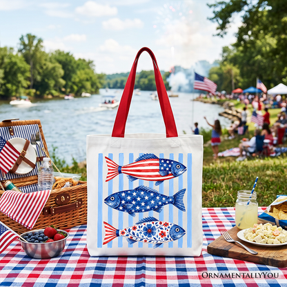 Patriotic Fish Striped Tote Bag, 4th of July Beach Gift Shopper