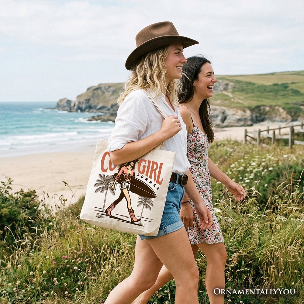 Cowgirl Summer Surf Tote Bag, Retro Western Beach Gift Shopper for Free-Spirited Women