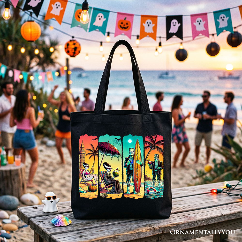 Frankenstein's Beach Vacation Tote Bag, Retro Neon Surf Style Gift Shopper for Horror Fans with Summer Vibes