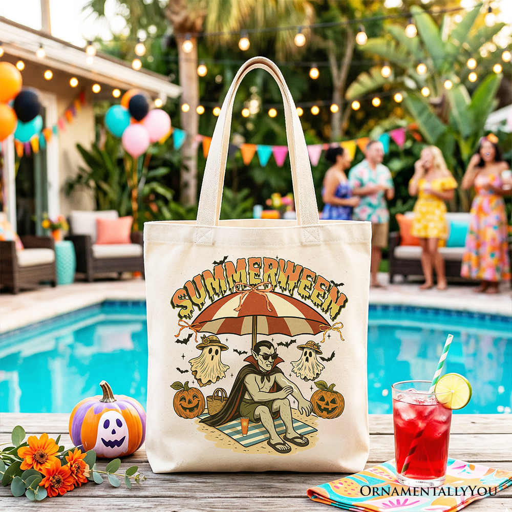 Summerween Vampire Dracula Tote Bag, Retro Halloween Beach Gift Shopper for Horror Spooky Summer Season