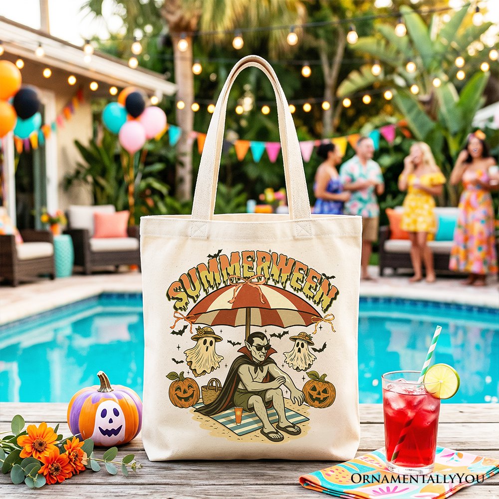 Summerween Vampire Dracula Tote Bag, Retro Halloween Beach Gift Shopper for Horror Spooky Summer Season