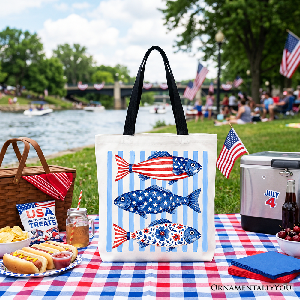 Patriotic Fish Striped Tote Bag, 4th of July Beach Gift Shopper