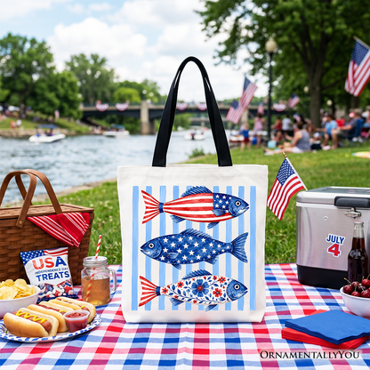 Patriotic Fish Striped Tote Bag, 4th of July Beach Gift Shopper