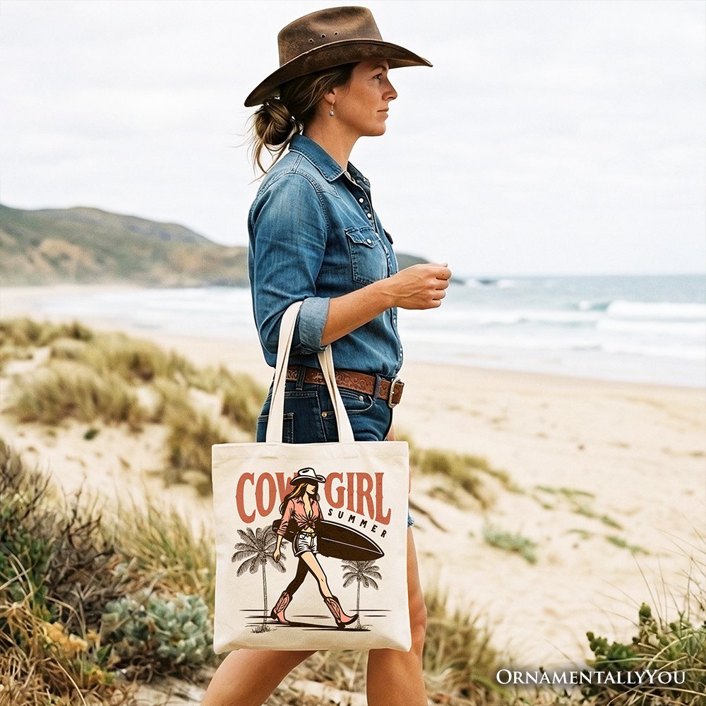 Cowgirl Summer Surf Tote Bag, Retro Western Beach Gift Shopper for Free-Spirited Women