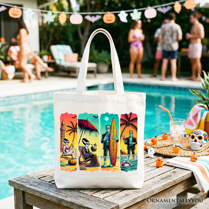 Frankenstein's Beach Vacation Tote Bag, Retro Neon Surf Style Gift Shopper for Horror Fans with Summer Vibes