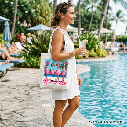 Flamingo Hello Summer Tote Bag, Tropical Beach Vacation Gift Shopper