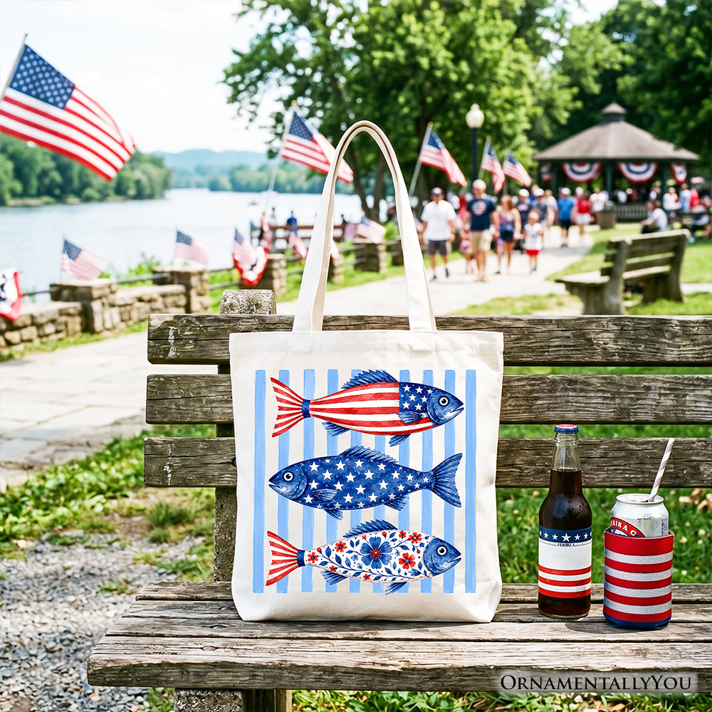 Patriotic Fish Striped Tote Bag, 4th of July Beach Gift Shopper