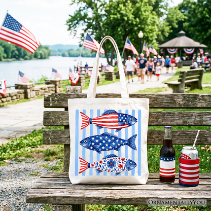 Patriotic Fish Striped Tote Bag, 4th of July Beach Gift Shopper