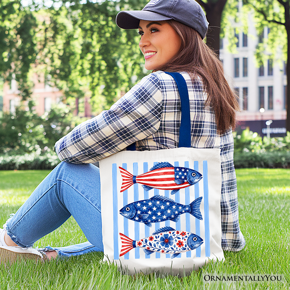 Patriotic Fish Striped Tote Bag, 4th of July Beach Gift Shopper