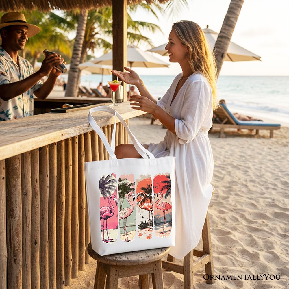 Summer Flamingo Beach Canvas Tote Bag, Retro Vacation Tropical Sunset Gift Shopper