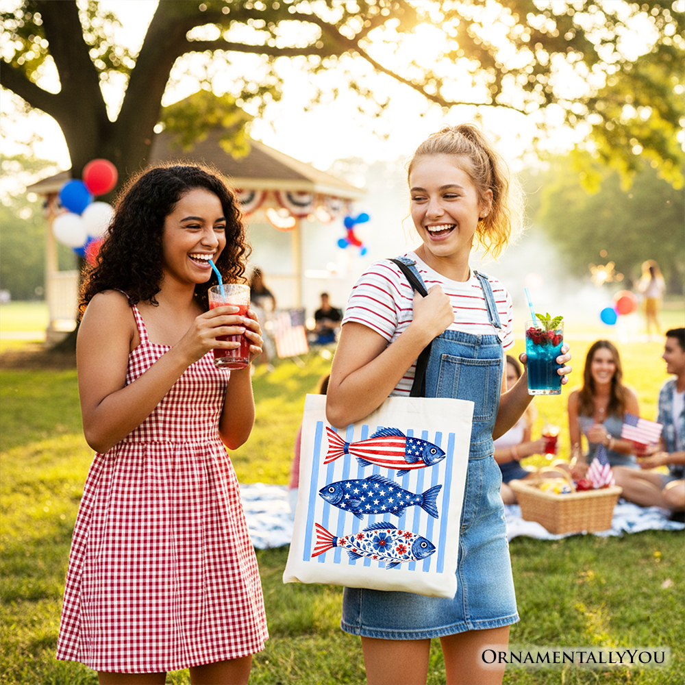 Patriotic Fish Striped Tote Bag, 4th of July Beach Gift Shopper