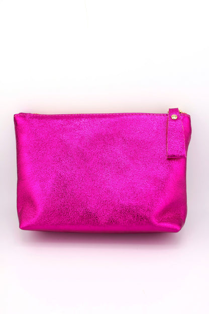 Metallic Italian Leather Zipper Pouch, Purse, 8" Soft Real Leather, Assorted Colors