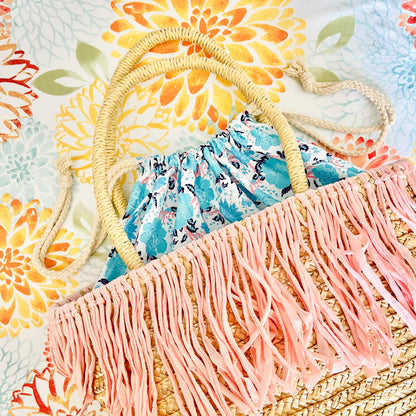 Maya Pink Fringe Cinch Top Straw Bag