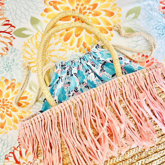 Maya Pink Fringe Cinch Top Straw Bag