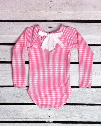 Textured Gingham Girls Long Sleeve with Bow Back