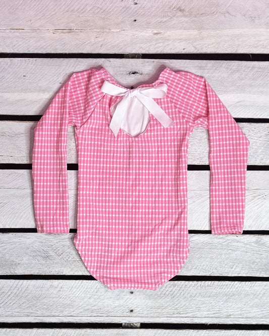 Textured Gingham Girls Long Sleeve with Bow Back