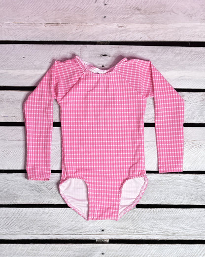 Textured Gingham Girls Long Sleeve with Bow Back