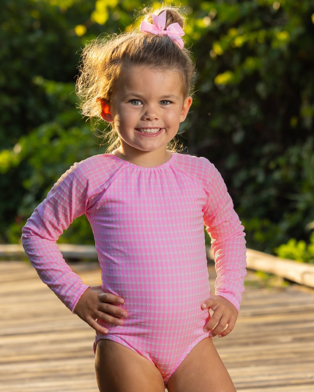 Textured Gingham Girls Long Sleeve with Bow Back