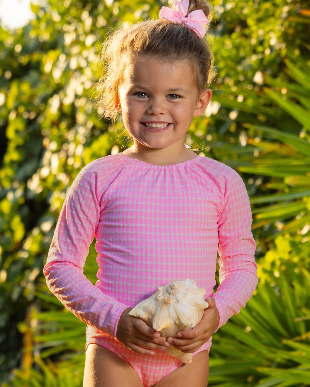 Textured Gingham Girls Long Sleeve with Bow Back