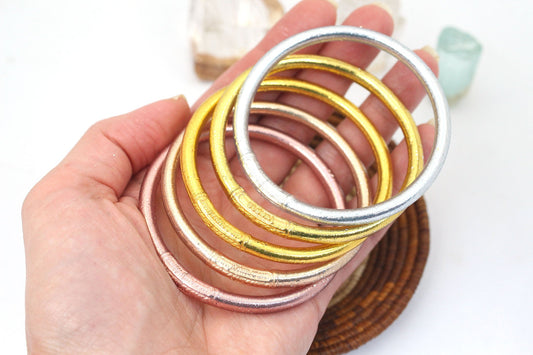 Mixed Metal Bangle Stack, Thai Buddhist Temple Bracelets, Mantra Bangle Set, Sizes Available