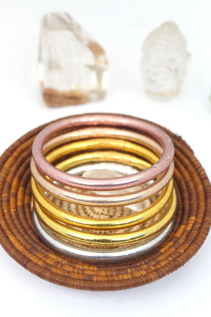 Mixed Metal Bangle Stack, Thai Buddhist Temple Bracelets, Mantra Bangle Set, Sizes Available