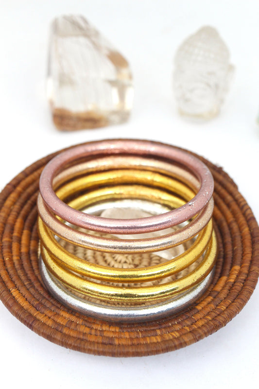 Mixed Metal Bangle Stack, Thai Buddhist Temple Bracelets, Mantra Bangle Set, Sizes Available