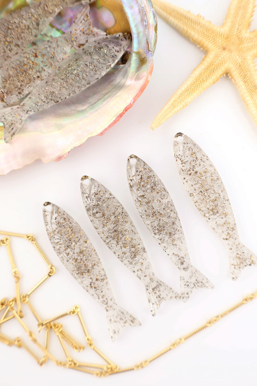 Clear with Glitter Fish Beach Charm, German Resin Amulet, 2", 1 Pendant