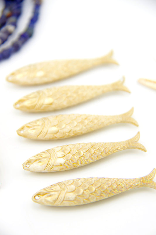 Golden Cream Fish Beach Charm, German Resin Amulet, 48mm, 1 Pendant