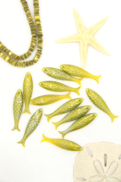 Golden Olive Fish Beach Charm, German Resin Amulet, 48mm, 1 Pendant