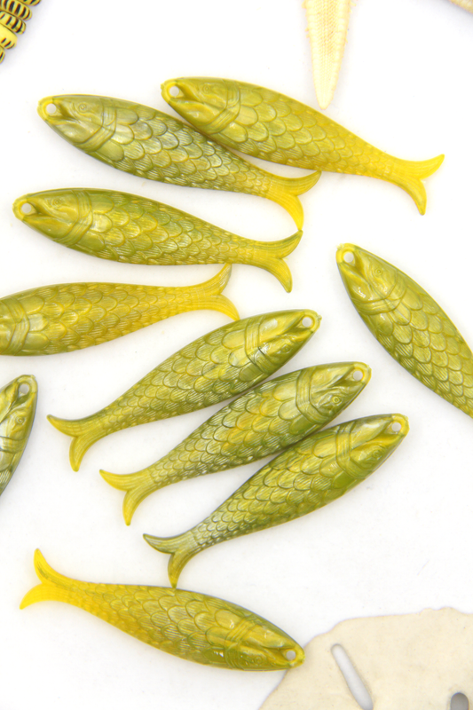 Golden Olive Fish Beach Charm, German Resin Amulet, 48mm, 1 Pendant