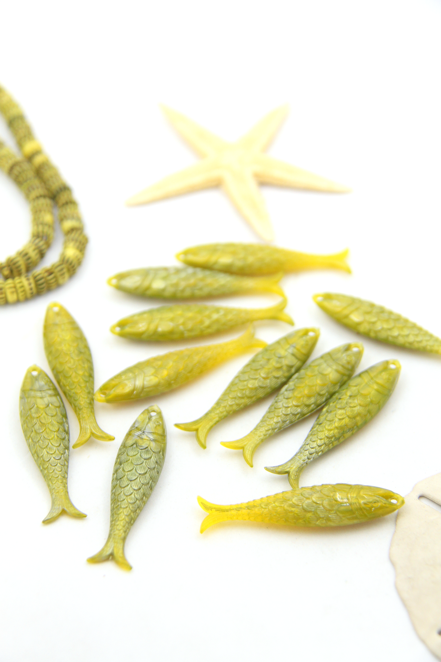 Golden Olive Fish Beach Charm, German Resin Amulet, 48mm, 1 Pendant
